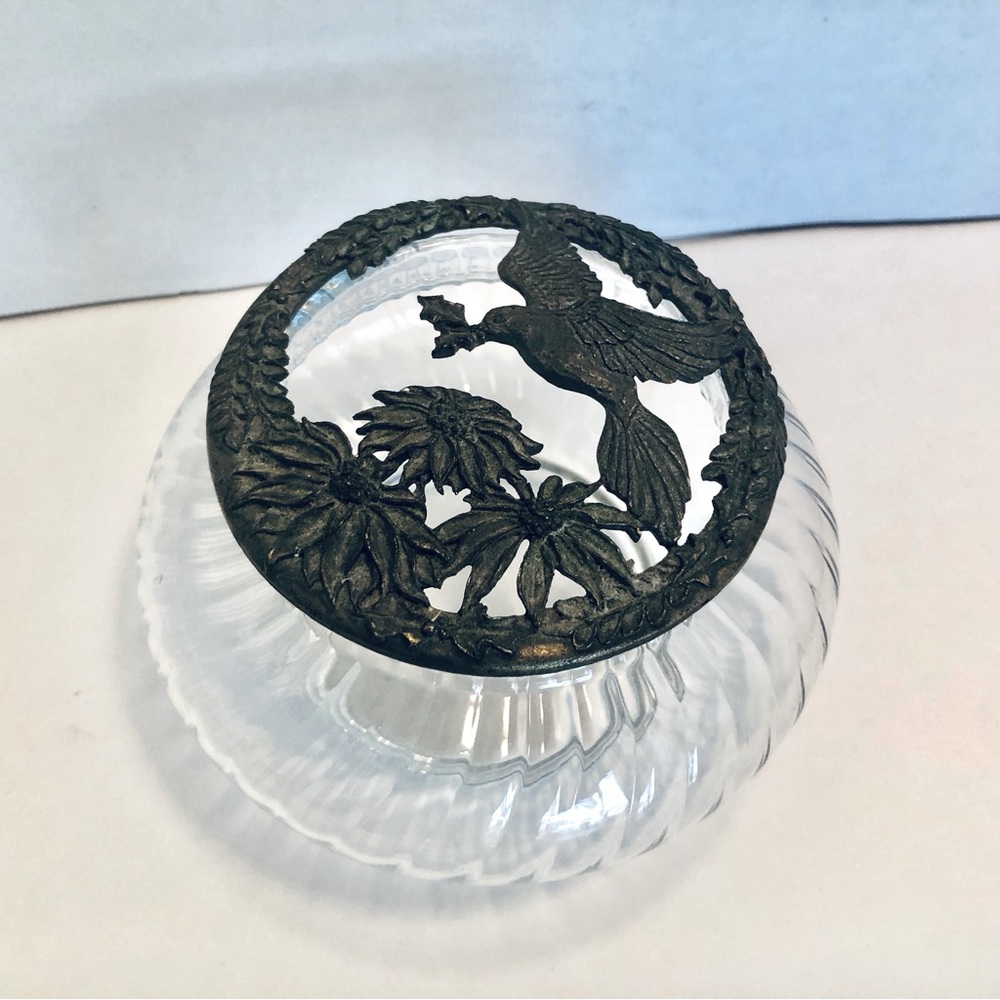 Vintage 1983 Rawcliffe Glass Potpourri Jar Trinket Bowl w Pewter Bird & Flowers